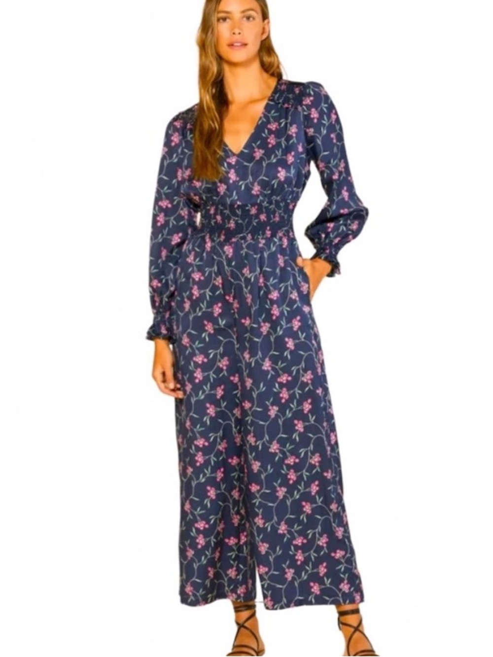 Outerknown City Lights Floral Long Sleeve Wide Leg Jumpsuit Romper Cotton Blue S